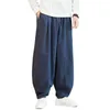 Men's Pants Mens Cotton Linen Baggy Wide Leg Elastic Waist Loose Trousers Casual Harem Solid Color Wushu Drawstring Men Lantern