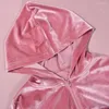Casual klänningar vintage sexig miniklänning kvinnor zip upp långärmad huva sammet veckad bodycon rosa vestidos streetwear hög midja