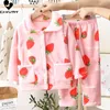 Pyjamas Kids Boys Girls Autumn Winter Flanell Pyjama Set Sweet Cartoon Long Sleeve Lapel Tops With Pants Baby Sleepwear Clothing 230906