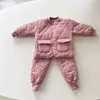 Down Coat Kids Candy Color Pocket Thick Coat Warm Padded Jacket Loose Comfortable Soft Cotton Bind Feet Children Winter Suit R230905