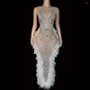 Stage Wear Mariage Anniversaire Transparent Mesh Costume Hôte Pographie Robe Femmes Sexy Sparkly Strass Plume Blanche