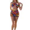 Kvinnors badkläder snygga 3-delade kvinnors strandkläder set med ärmlösa bandage topptryckt rem och mager kjol för poolfester sommar