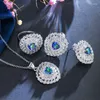 Colar brincos conjunto threegraces exclusivo místico azul zircônia cúbica cristal coração forma anel para mulheres moda jóias js636