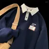 Herrtröjor American Retro Vintag Sweatshirt Men Autumn Loose Polo Collar Hoodie Unisex Waffle Lapel Preppy Top Harajuku Navy Tees