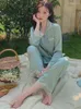 Kvinnors sömnkläder Silk Satin Pyjamas 2 Piece Set Simple Lapel Shirts Trousers Lace Trim Sweet Luxury Summer Autumn Homewear
