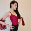 Scene Wear Ballroom Dance Topps Women Fairy Feather Sling Bodysuit Latin Performance Waltz Costume Red Practice DNV18108