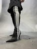 Trois rayures sur les bottes au genou Satins couleur contrastée bottes élastiques à talons hauts pointe pointue talon mince jambes enveloppées sexy pour les chaussures de fête des filles 35-43