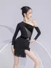 Stage Wear 2023 Off-Shoulder Latin Dance Competition Dress Black Fringe Performance Costume Girls ChaCha Modern Dresses YS5091