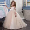 Graceful ball gown Lace Flower Girl Dresses For Wedding Long Sleeves Toddler Pageant Gowns Sweep Train Sheer Jewel Neck 3D Appliqued flowers First Communion Dress