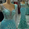 2023 Aso Ebi Arabic Hunter Blue Mermaid Prom Dress Crystals Sexy Evening Formal Party Second Reception Birthday Engagement Gowns Dresses Robe De Soiree ZJ369