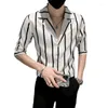 Men's Casual Shirts Summer Short Sleeved Striped Hawaiian Cargo Shirt Suit Collar French Cuff Fashion Slim Fit Camisa Masculina