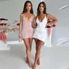 Casual Jurken Zomer Jurk Vrouwen 2023 Satijn Zijde Zwart Sexy V-hals Sling Hoge Taille Solid Mini V-hals Geplooide vestidos Drop