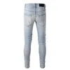 Jeans masculinos moda streetwear homens luz azul elástico magro ajuste estiramento destruído rasgado remendado designer hip hop marca calças