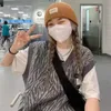 Deeptown Kore Sokak Giyim Zebra Çizgili Kazak Yelek Kadınlar Retro Tiki Stil Büyük Boy Gri Jumper Hip Hop Gündelik Örme Tops