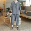 Herrspårar 2023 Trend kinesisk stil bomull och linne kortärmade kostymer t-shirt beskurna byxor tvådelar