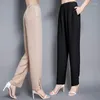 Women's Pants Elastic Satin 19 Momme Fancy Crepe Georgette Mulberry Silk Waist Harem High Loose Straight Summer20116