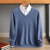 Herentruien 100% wol vneck gebreide pullover Business Casual Solid Color Sweater Bodemhirt Mannelijk merk Men 230906