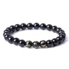 Brin 8mm perles noires brillantes timbre en or mots de bouddha hommes Bracelet femmes Om Mani Padme Hum Bracelet bijoux chaîne à main