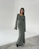 Sukienki swobodne kobiety seksowna solidna sukienka maxi elegancka bez pleców rękaw o wysokim talii dzianina bodycon moda okrągła szyja koronki w górę vestidos