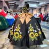 Schwarz schulterfrei Quinceanera Kleider Prinzessin Abendkleid Tüll Sonnenblumen Applikationen mit Schleife Sweet 15 16 Kleid Ball Gwon