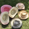 Wide Brim Hats Bucket Pink Hollow Weave Cowboy Hat Straw Star Jazz Panama Paper Grass Western Denim Fashion Travel 2023 230907