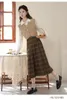 Etekler Sonbahar Kış Kış Vintage Pileli Ekose Etek Midi Kadın Yüksek Belli A-Line Kahverengi Uzun Tiki Stil Kızlar