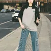 Deeptown streetwear 90s vintage cinza camisetas femininas harajuku kpop retalhos manga curta topo feminino casual oversize solto t