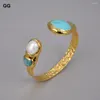 Bangle GuaiGuai Jewelry Natural White Pearl Green Amazonites Gold Color Plated Bracelet For Women Vintage Style