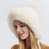 Bérets hiver chaud tricoté chapeau de fourrure femmes avec oreillette deux boules dame en plein air épaissir peluche moelleux casquette chapeaux russes pour