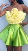 Skirts Trendy Two Pieces Women Suits Mini Skirt Sets Summer Yellow Strapless Flower Ruffled Tulle Top & Green Satin Short