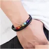 Charm armband chakra män armband 7 färg naturlig yoga helande sten pärlor svart äkta läder hommes pseras smycken gåvor släpp de dhlb2