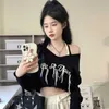 Deeptown Koreanische Streetwear Y2k Crop 2 Stück Sets Top Frauen Harajuku Mode Brief Oversize-Pullover Grunge Off Schulter Jumper