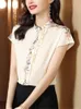 Women's Blouses Silk Short Sleeve For Women Summer Tops Fashion Retro Printed Top Woman Shirt OL Simple Button Ruffle Female Blous