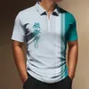 Men's Polos Coconut Tree Men'S Zip Polo Caucal Stripes Lapel Shirt Man Golf Shirts 3d Graphic Short Sleeves Zipper Men Clothing Top Tee 230907