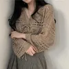 Deeptown Korean Vintage Hollow Out Khaki Sweater Women Harajuku Fashion Oversize Drawstring Crop Knitted Top Basic Casual Jumper