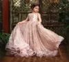 2023 Rose Gold Flower Flower Girl Dresses لحفلات الزفاف الدانتيل الترتر القوس مفتوح الظهر الأكمام قصيرة الفتيات فستان فستان الأطفال بالتواصل