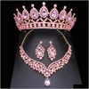 Jewelry Sets Pink Crystal Bridal For Women Girl Princess Tiaracrown Earring Necklace Pageant Prom Accessories 230216 Drop Delivery Dh4H6