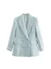 Kvinnorjackor Stylish Chic Blue Tweed Jacket Women Fashion Turn-Down Collar Dubbel Breasted Pockets Coat Women Casual Ytterkläder 230907