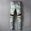 Men's Jeans 2021 Vintage Punk Spliced Men Zipper Pleated Designer For Motorcyle Blue Streetwear Worn Pants Trousers298G