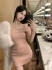 Casual Dresses 2023 Korean Fashion Pink Strap Off Shoulder Dress Women Autumn Slim Fit Design Feel Knitted Waist Wrap Hip Female Clothes