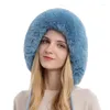 Bérets hiver chaud tricoté chapeau de fourrure femmes avec oreillette deux boules dame en plein air épaissir peluche moelleux casquette chapeaux russes pour