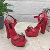 Heels Sandals Designers Shoes Cowhide Rhinestone Buckle 5D Printing Decoration 15cm High Heeled Denel Platform Heel Women Shoe Party Sandal 35-43