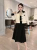 Arbetsklänningar Autumn Winter Two Piece Dress Set For Women Outfit Elegant Color Block Jacket och kjol kostymer svart conuntos para mujeres