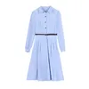 Robes décontractées Chemise de couleur bleue à col à revers classique pour femmes 2023 Printemps Automne Bureau Dames à manches longues élégante robe mince