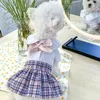 Cão vestuário vestido bonito verão xadrez algodão gato arco saia roupas de renda para cães pequenos filhote de cachorro jk chihuahua vestidos