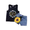 Summer Flower Print Kids Clothes Set Sunflower Cute Vest Jeans Clothing Baby Girl Sleeveless Clothes Birthday Party Gift 2633