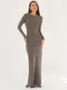 Casual Dresses Temuscola Sexig genomskinlig bodycon maxi klänning kvinnor Autumn V Neck Low Cut Full Sleeve Elegant Long Grey Evening Female