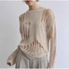 Deeptown Hippie Grunge évider Beige pull femmes américain Vintage surdimensionné haut en tricot Kpop basique irrégulier à manches longues hauts