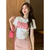 Deeptown Korean Style Letter Pink T-shirts Women Harajuku Fashion Slim Short Sleeve Crop Top Streetwear Y2K Casual Tshirts Chic
