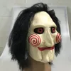 Masques de fête Masker boneka Jigsaw masculage gergaji mesin film dengan rambut palsu latex menyeramkan Halloween topeng seram pesta Cosplay Prop 230907